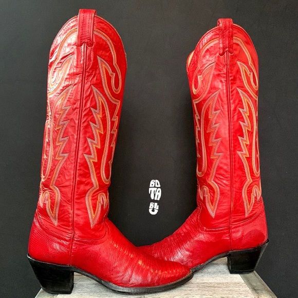 SOLD LARRY MAHAN Vintage Red Lizard Tall Knee High Cowgirl Cowboy Western Boots - Picture 10 of 11